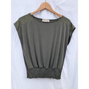 Michael Kors Womens Sleeveless Boat Neck Blouse Size Medium Olive Floral Smocked